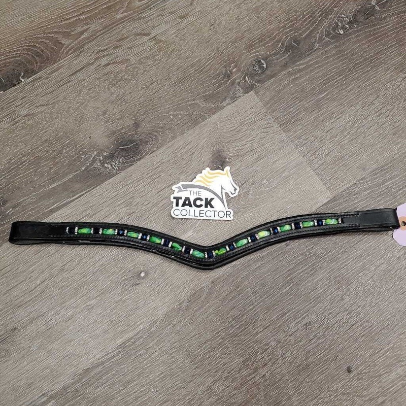 ‘V’ Wide Padded Flat Leather Bling Browband *like new 15.5″ Black/Green/Blue New