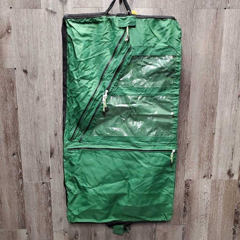 ‘Custom Made’ Hvy Garment Bag, many pockets, dowel top & bottom, embroidered *vgc, clean, mnr residue?dirt, older? L Green/Black Used
